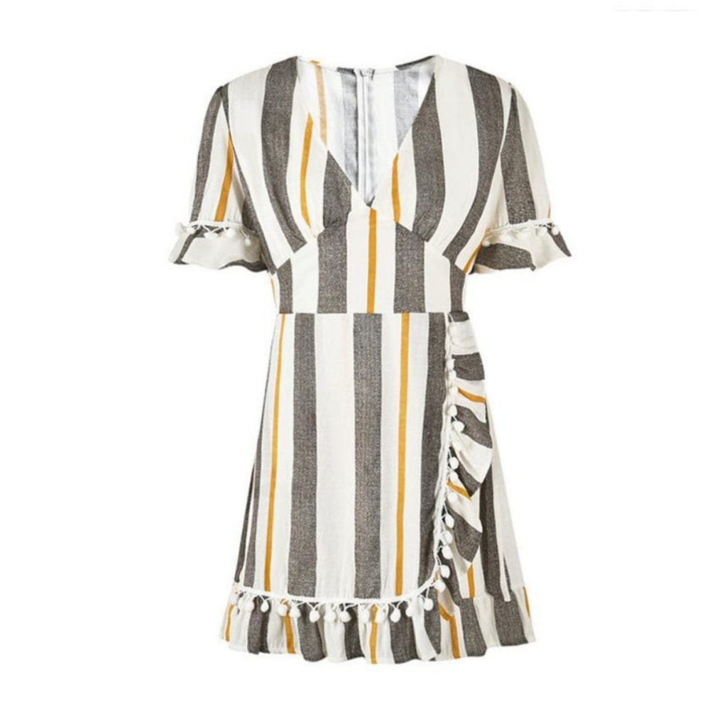 Yellow Gray Stripe Ruffles Dress - Picture 6 of 7